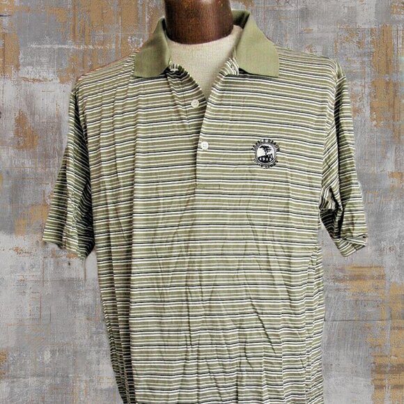 Pebble Beach Golf Shirt Size Large Men's Olive Green Logo Links Striped EUC - Picture 1 of 7